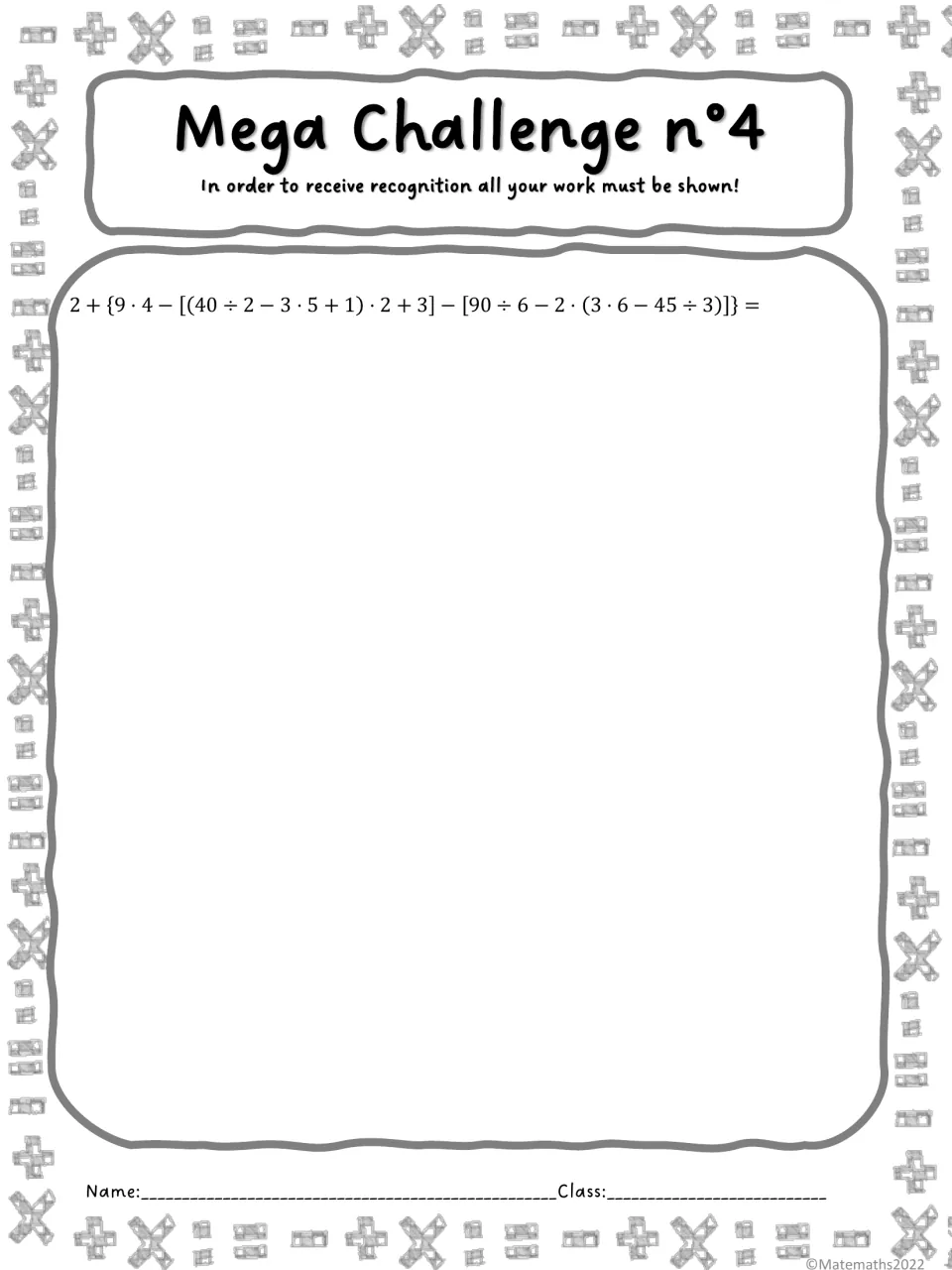 Mega Challenge n°4: evaluate 2 + {9 · 4 − [...]} with three levels of grouping, working from the inside out