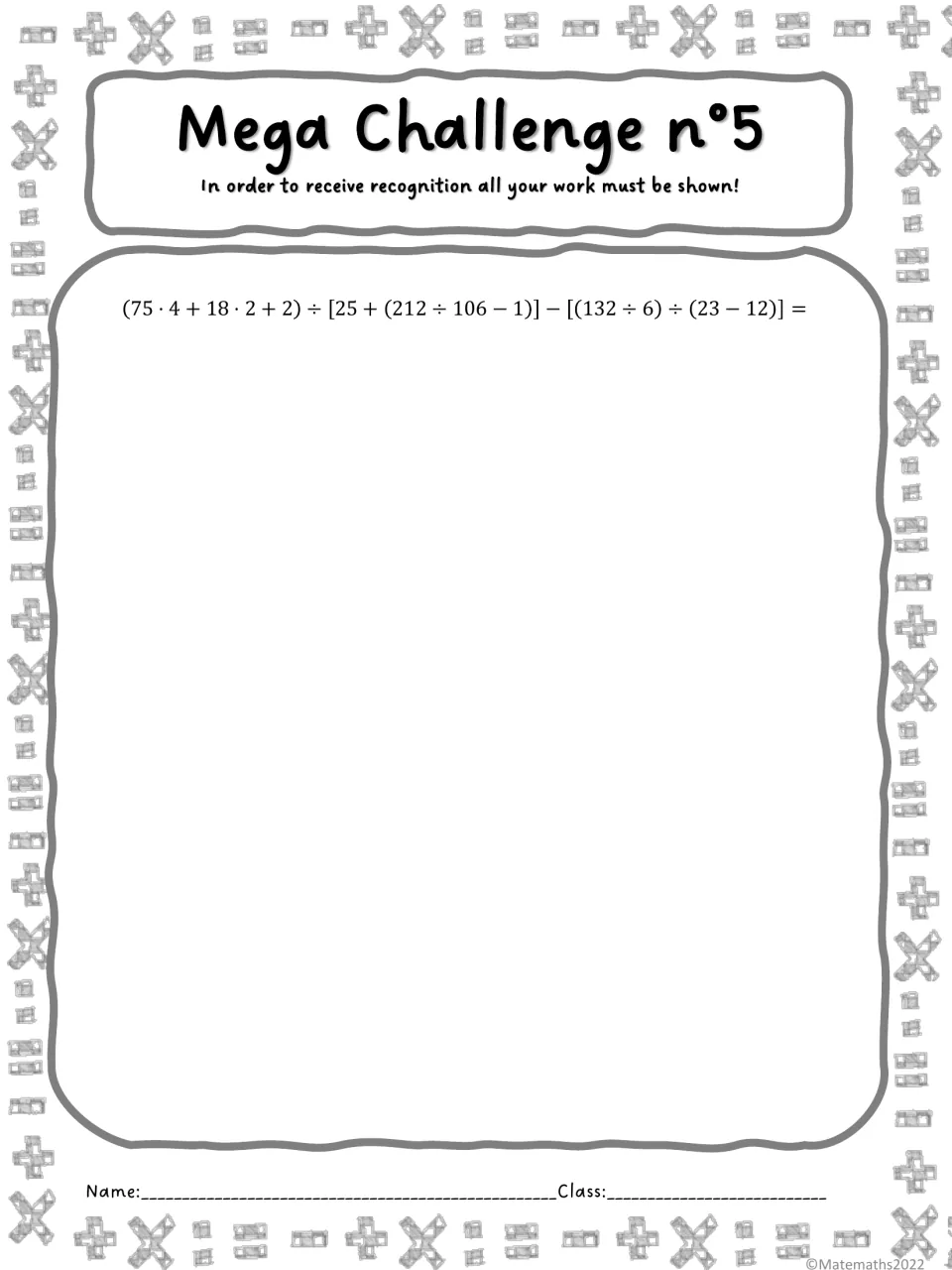 Mega Challenge n°5: divide a sum by [25 + (212 ÷ 106 − 1)] and subtract a quotient, showing each step