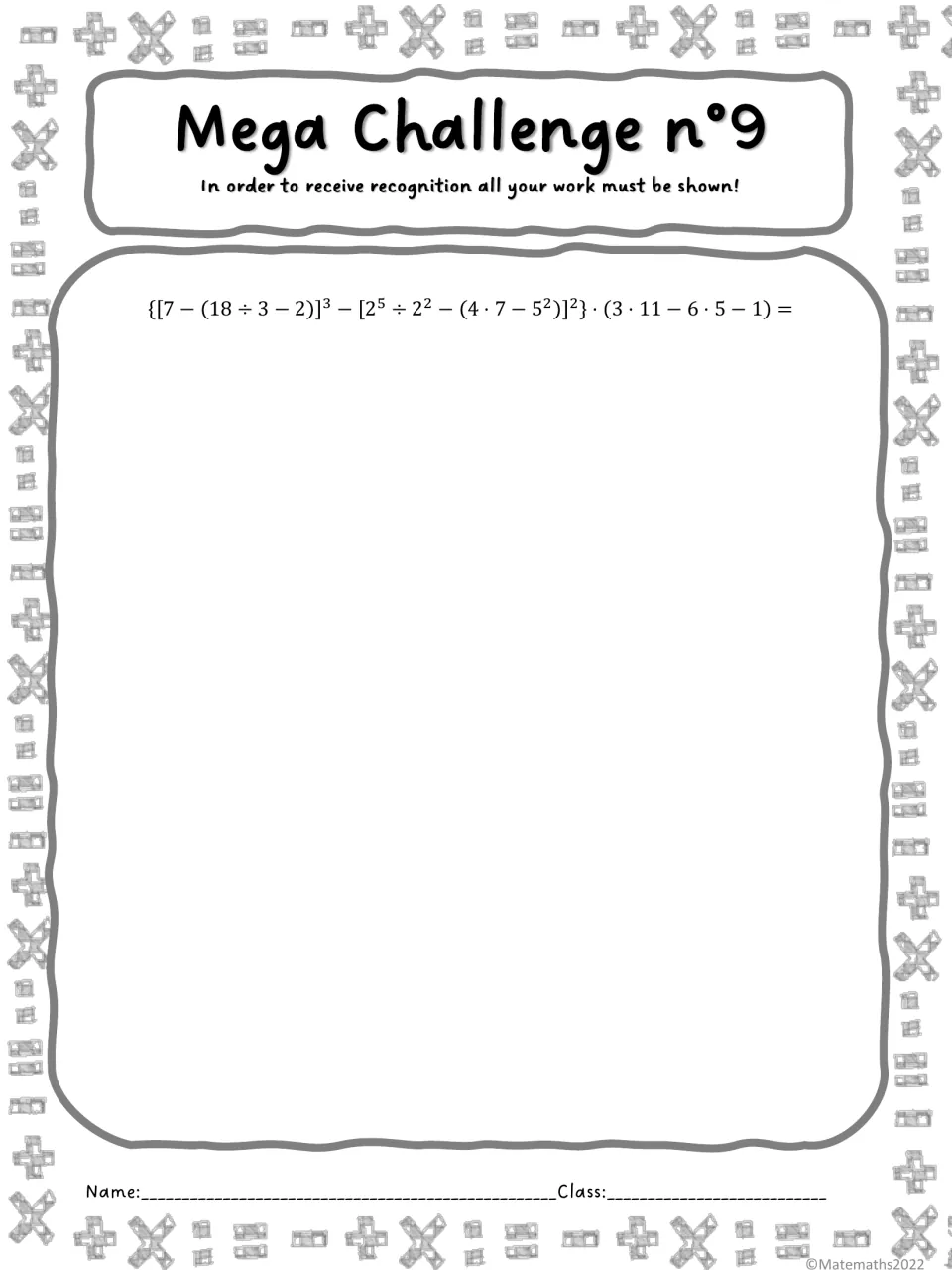 Mega Challenge n°9: students evaluate braces holding a cube and a square, multiplied by (3 · 11 − 6 · 5 − 1)