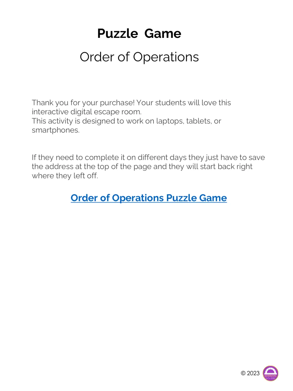Order of Operations Puzzle Game title page with device notes, a save-your-place tip and a link to the digital escape room