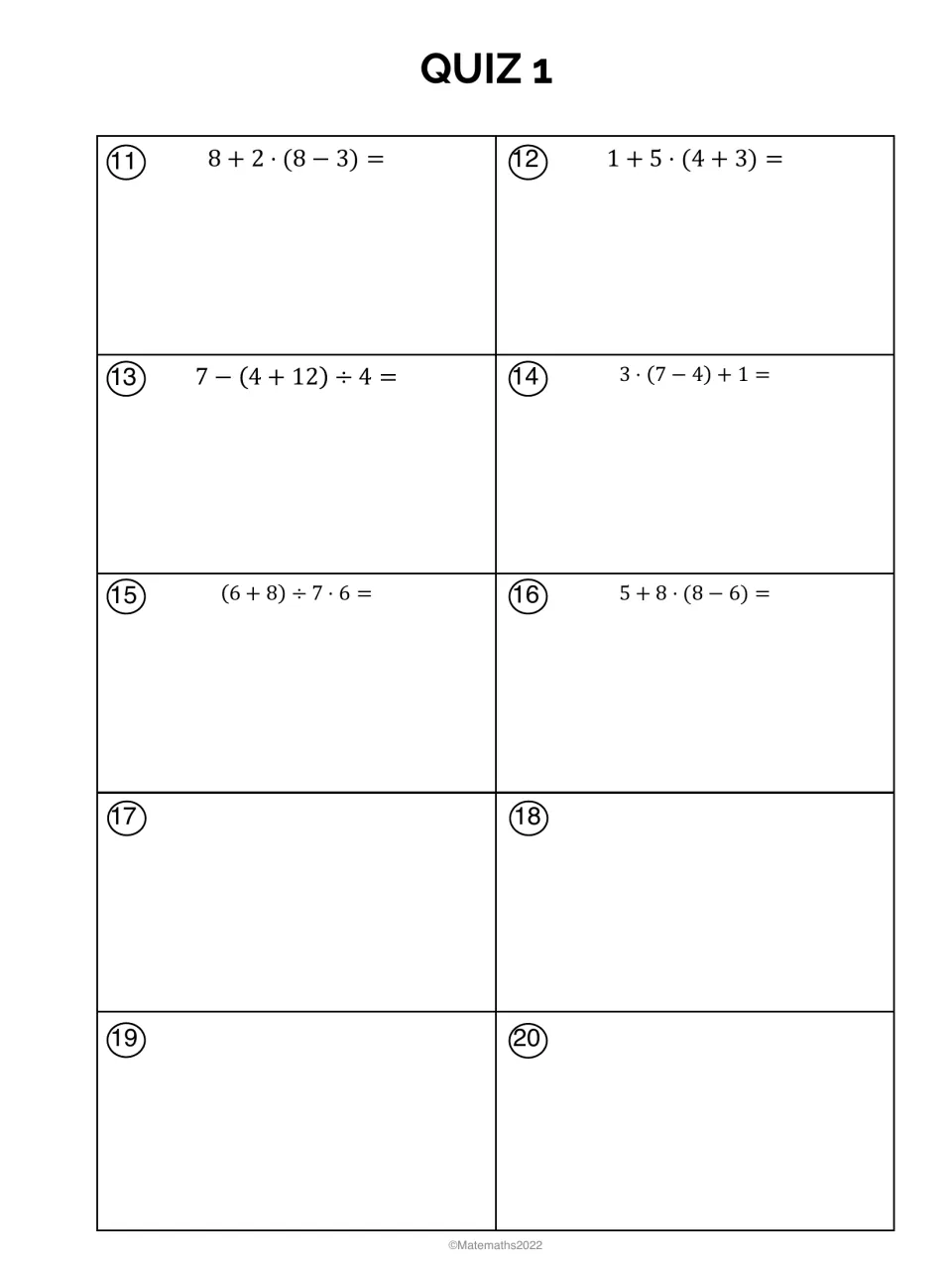 Quiz 1 continued: students evaluate order of operations problems 11-16; items 17 to 20 are numbered but left empty