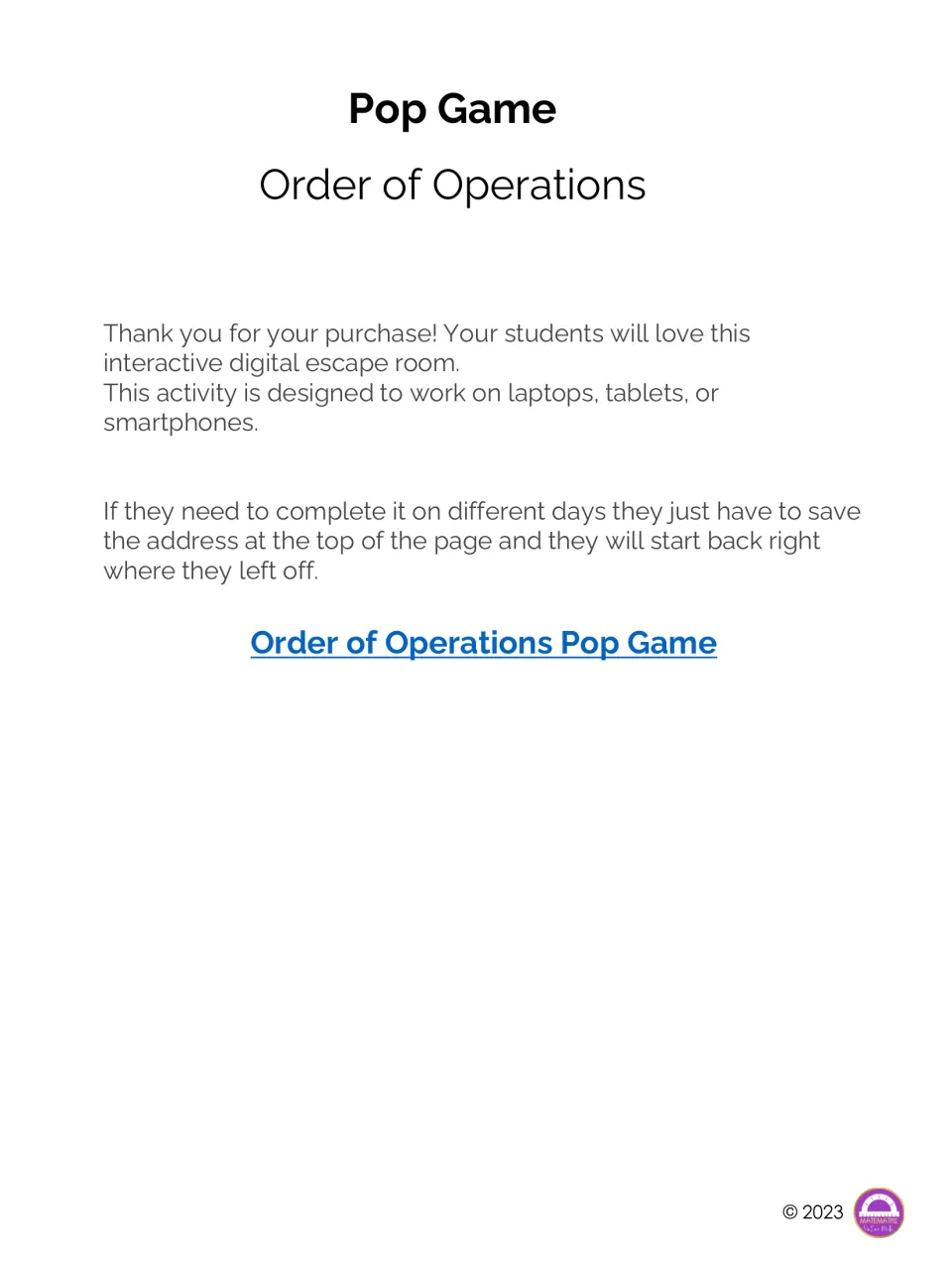 Pop Game, Order of Operations: title page with a link to the digital game for laptops, tablets or phones