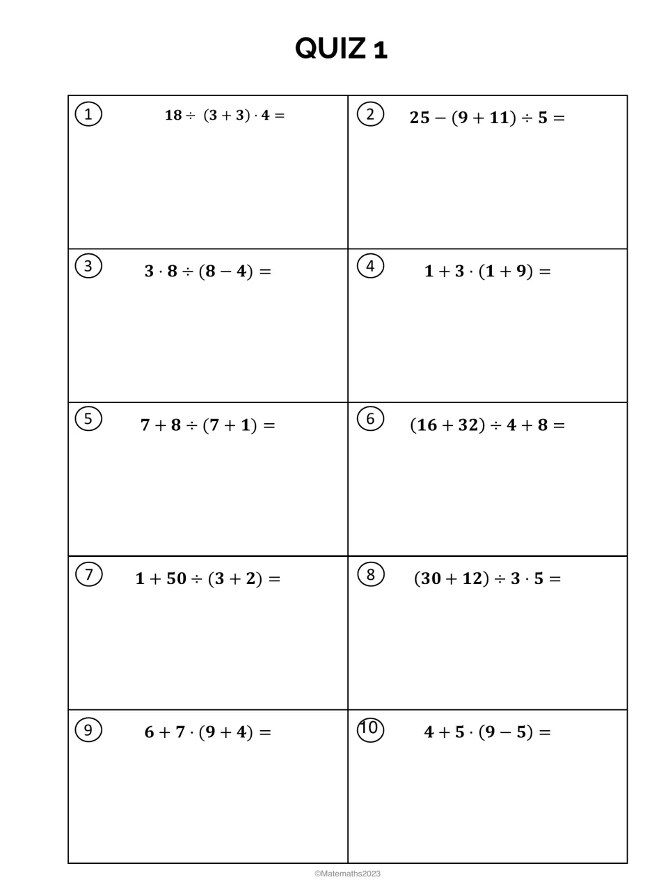 Quiz 1, problems 1-10: students evaluate expressions such as 18 ÷ (3 + 3) · 4, working parentheses first