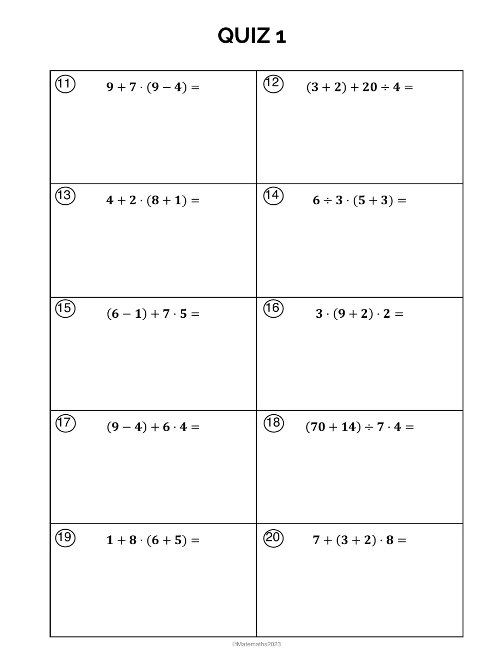 Quiz 1, problems 11-20: students simplify expressions like (70 + 14) ÷ 7 · 4 and 7 + (3 + 2) · 8 in the correct order