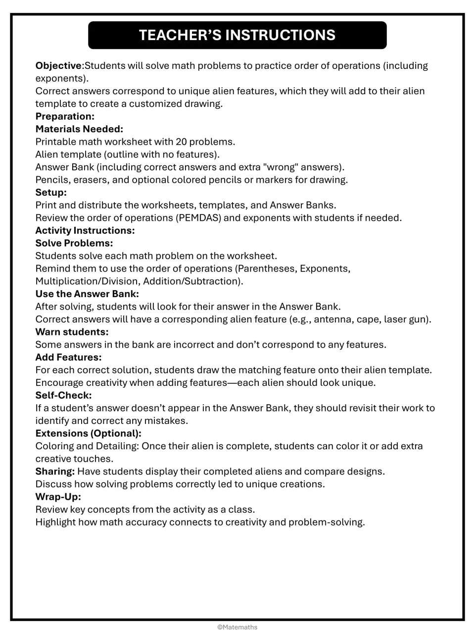 Teacher's instructions for an alien drawing activity: materials, setup, PEMDAS steps, answer bank use and extensions