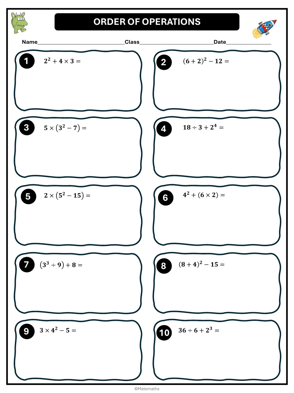 Order of operations problems 1 to 10: students evaluate expressions with exponents and parentheses, such as 2² + 4 × 3