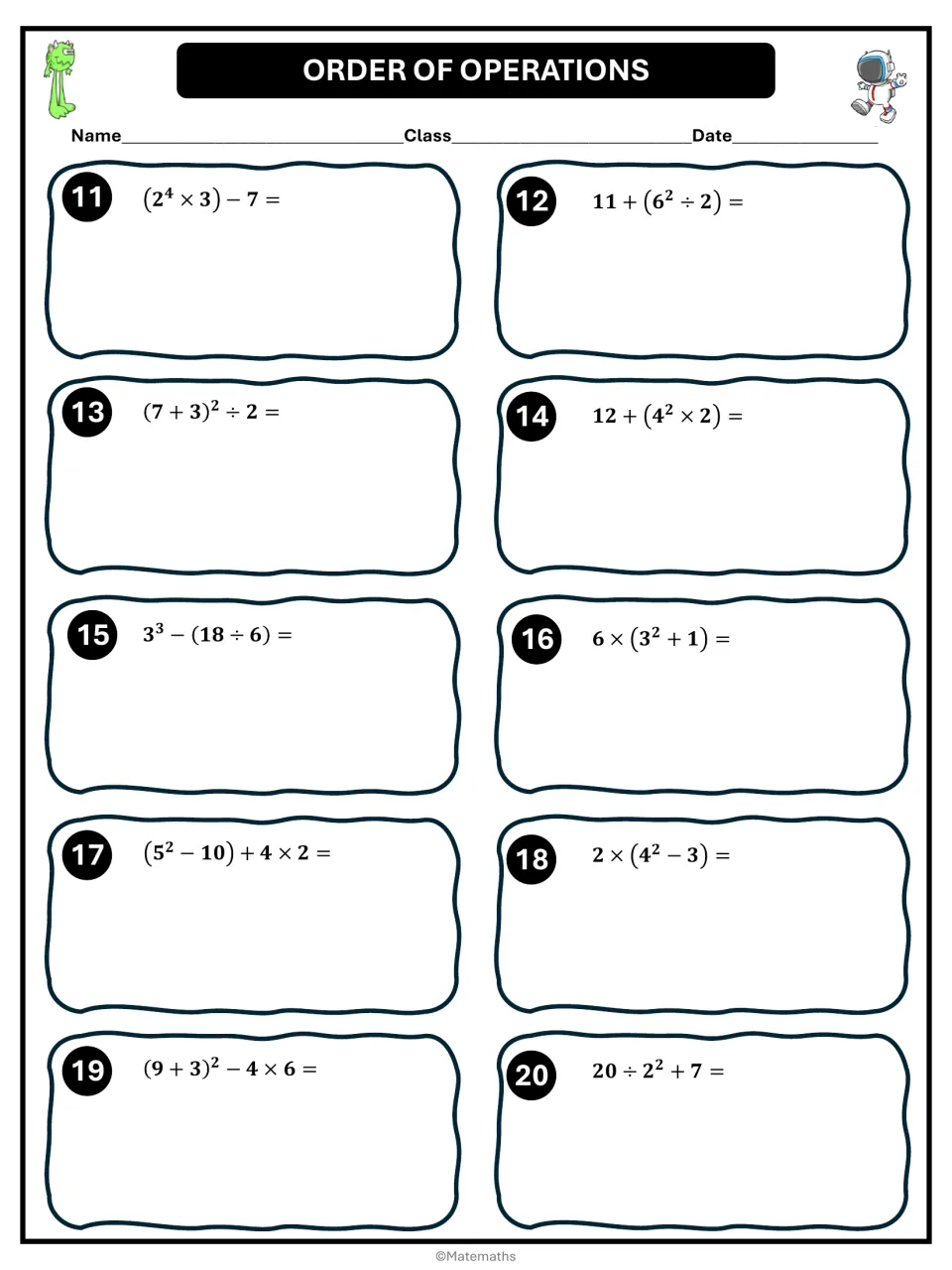 Exponent expressions, problems 11 to 20: students simplify with PEMDAS, such as (2⁴ × 3) − 7 and 20 ÷ 2² + 7