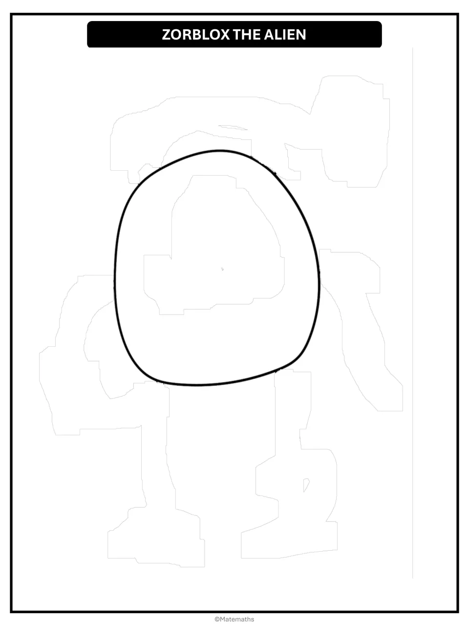 Zorblox the Alien template: a blank oval outline where students draw the features earned from correct answers