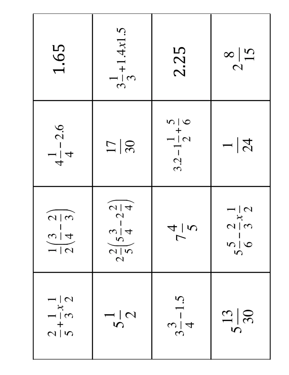 Order of operations with fractions and decimals: students simplify 8 expressions and color each to match its answer square