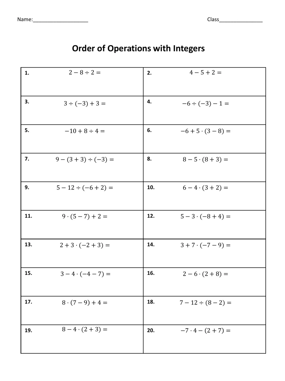 Integer order of operations practice: students simplify 20 expressions with negative numbers and parentheses