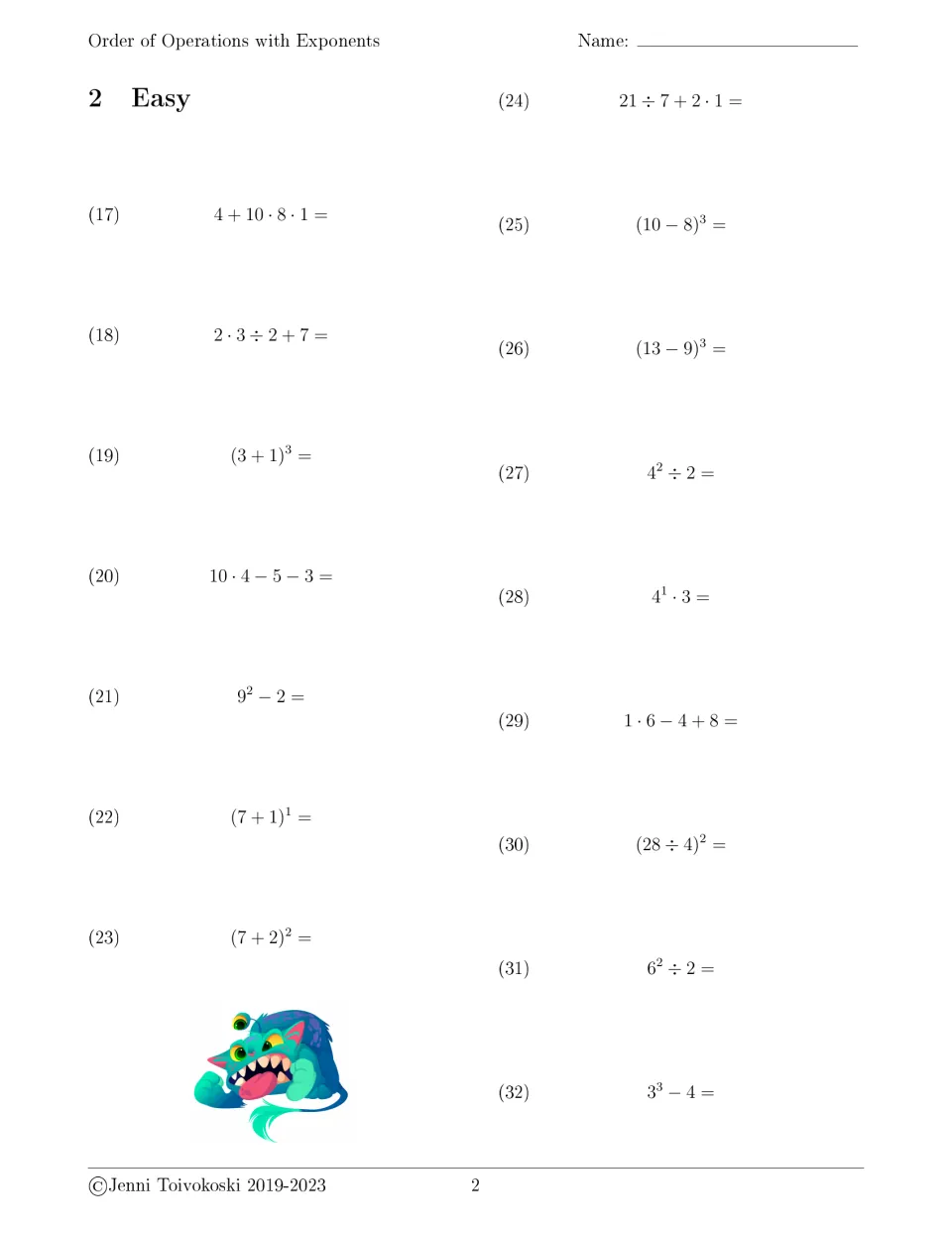 Exponents and operation order, Easy set 2: students solve problems 17-32, including (3 + 1)^3, 9^2 − 2 and 4^2 ÷ 2