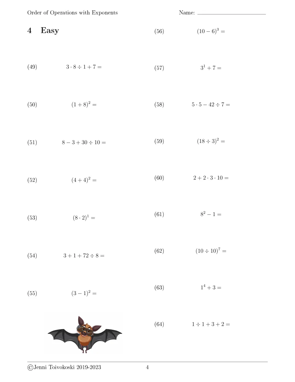 Order of operations, Easy set 4: students work problems 49-64 with squared brackets like (4 + 4)^2 and (18 ÷ 3)^2