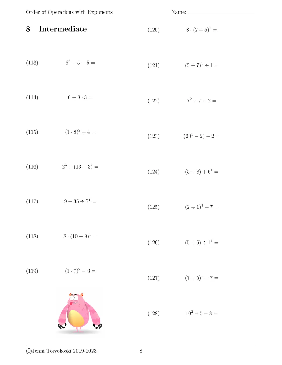Intermediate set 8: students evaluate problems 113-128 like 2^3 + (13 − 3), 9 − 35 ÷ 7^1 and 10^2 − 5 − 8