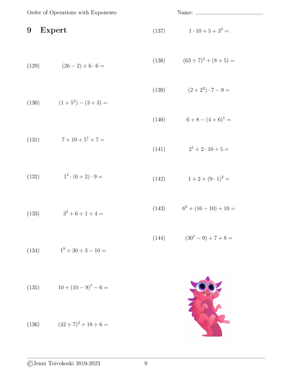 Expert set 9: students simplify longer expressions 129-144, e.g. (63 ÷ 7)^2 + (8 + 5) and (42 ÷ 7)^2 + 18 ÷ 6