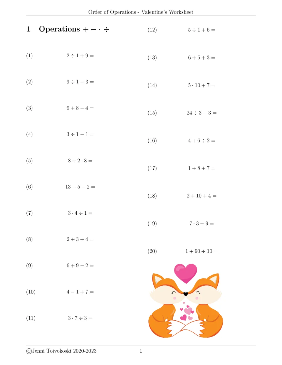 Order of operations set 1: students solve problems 1-20 using +, −, · and ÷, such as 8 + 2 · 8 and 4 + 6 ÷ 2; two foxes