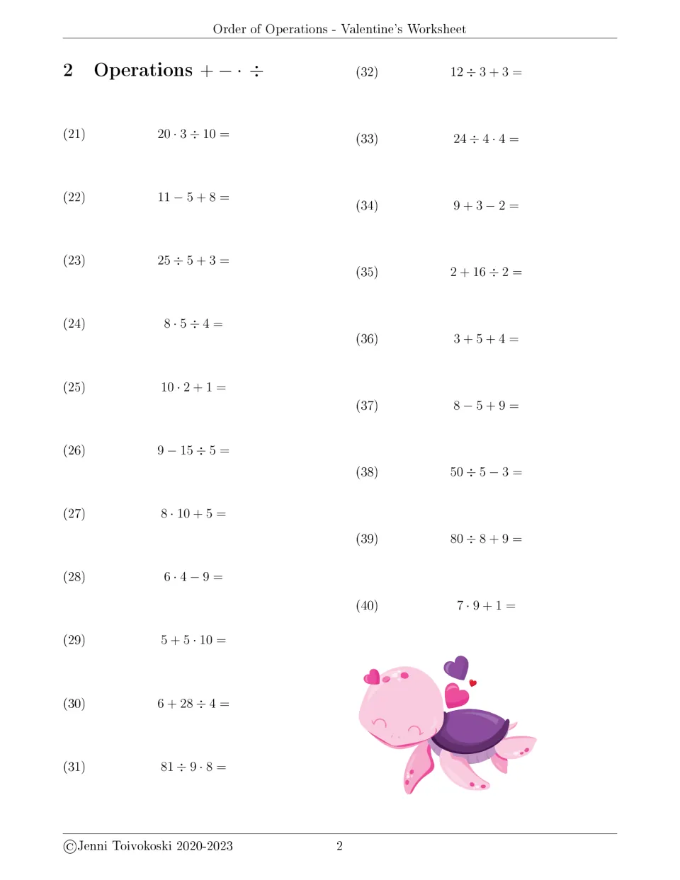 Order of operations set 2: students evaluate problems 21-40 mixing all four operations, like 9 − 15 ÷ 5; pink turtle art