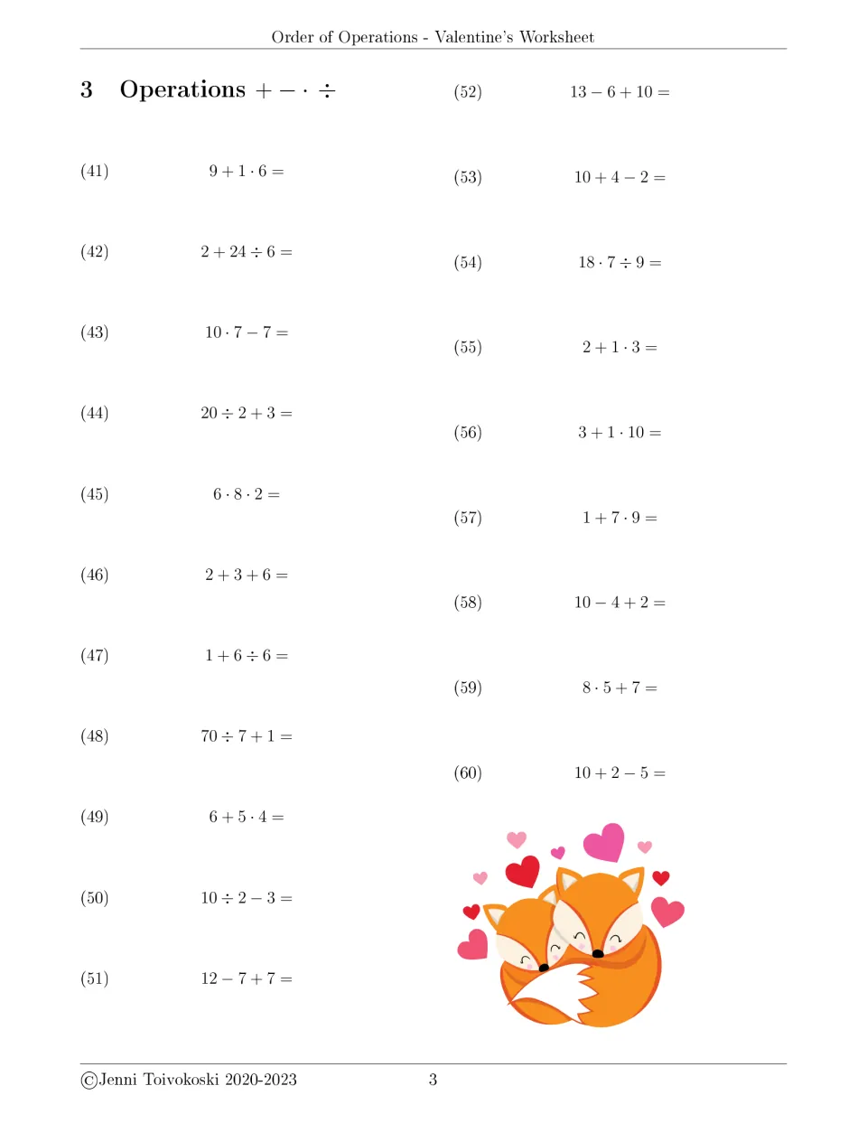 Order of operations set 3: students work problems 41-60 with three numbers each, e.g. 6 + 5 · 4 and 70 ÷ 7 + 1; fox pair