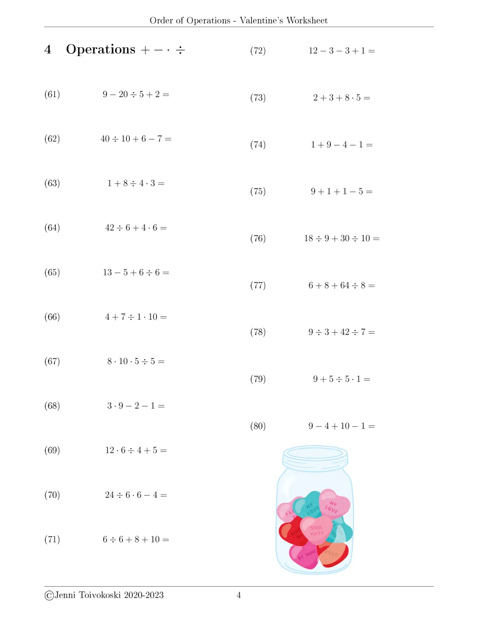 Order of operations set 4: students solve problems 61-80 with four numbers each, such as 42 ÷ 6 + 4 · 6; candy heart jar