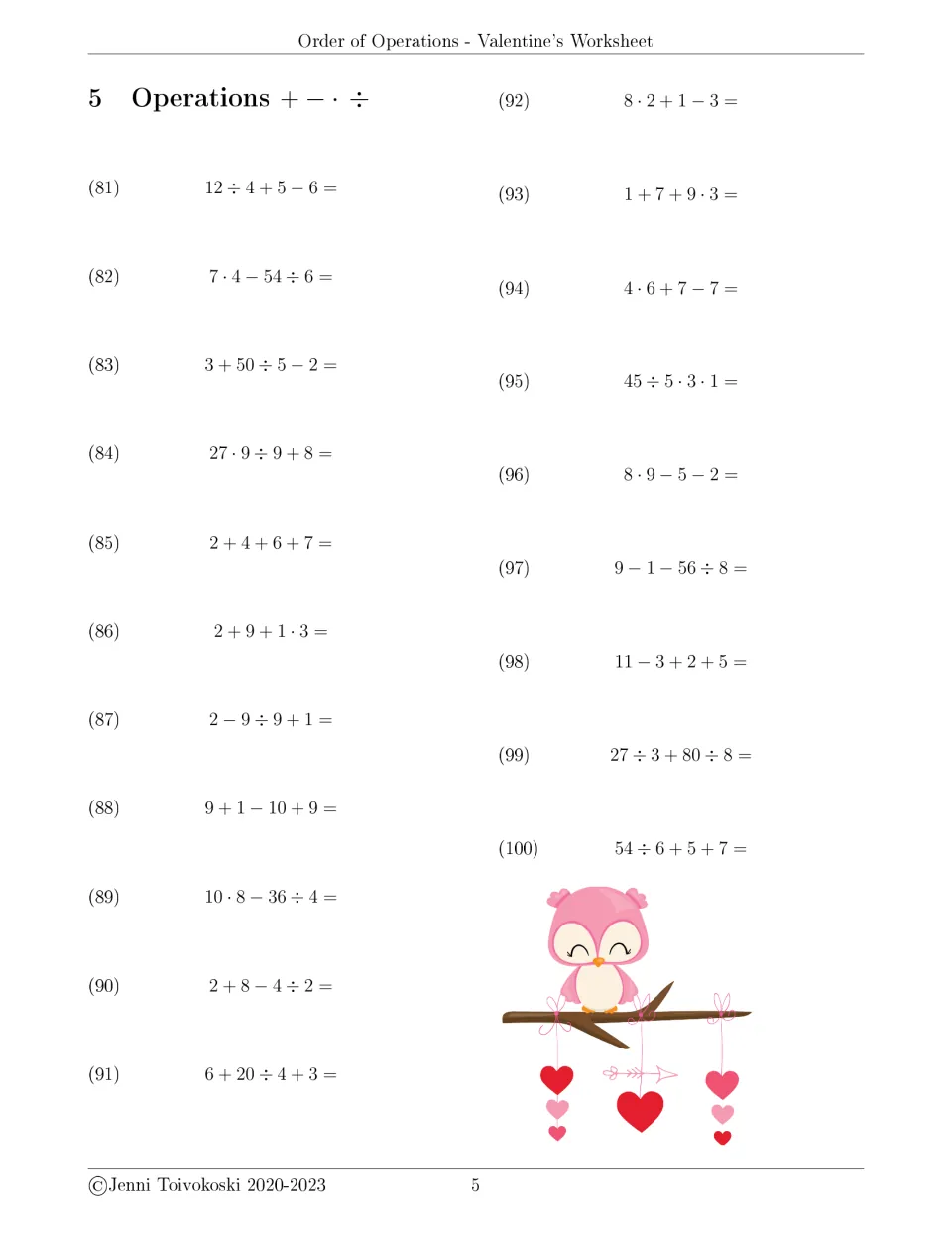 Order of operations set 5: students solve problems 81-100 with four numbers, e.g. 10 · 8 − 36 ÷ 4; pink owl on branch
