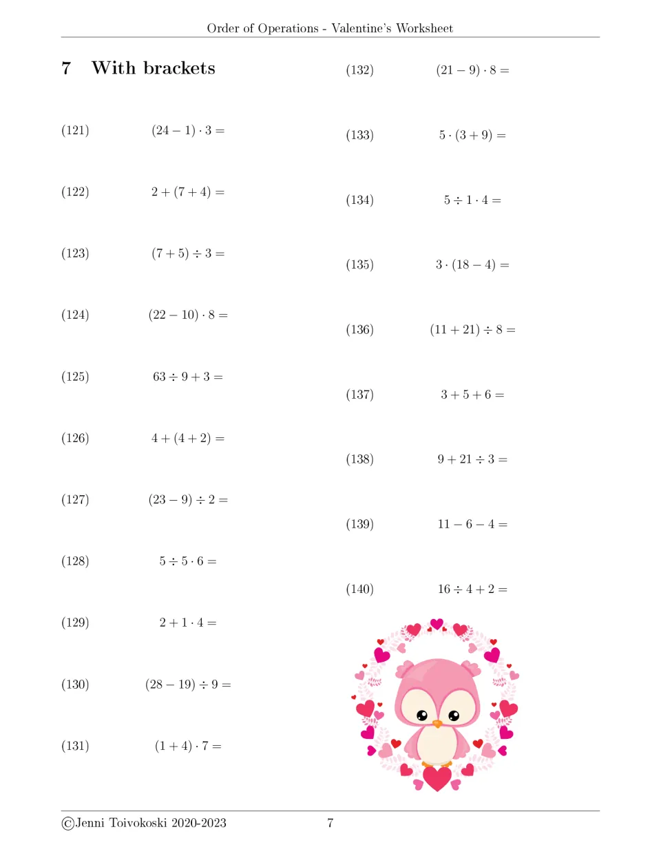 With brackets set 7: students solve problems 121-140, doing parentheses first, e.g. (24 − 1) · 3; owl in heart wreath