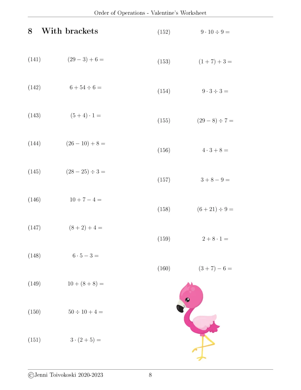 With brackets set 8: problems 141-160 mix parenthesis items like (28 − 25) ÷ 3 with plain ones such as 6 · 5 − 3; flamingo