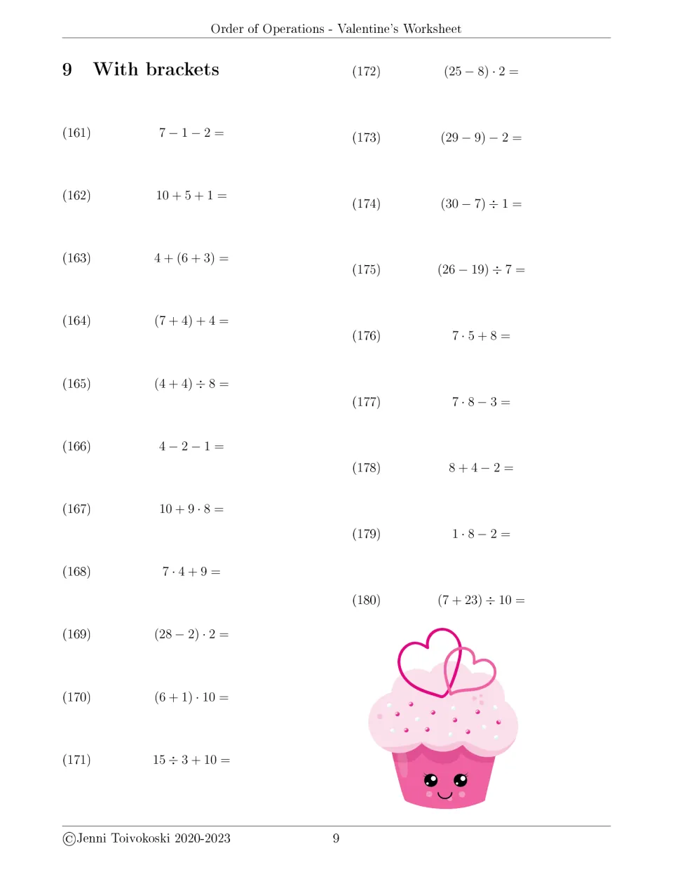 With brackets set 9: students evaluate problems 161-180, such as (25 − 8) · 2 and 10 + 9 · 8; heart cupcake art