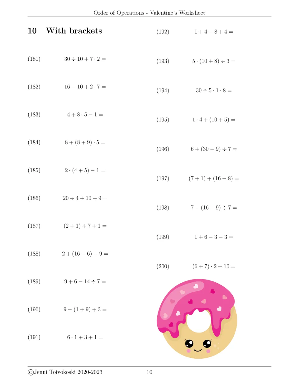 With brackets set 10: problems 181-200 combine parentheses and four operations, like 6 + (30 − 9) ÷ 7; pink-frosted donut