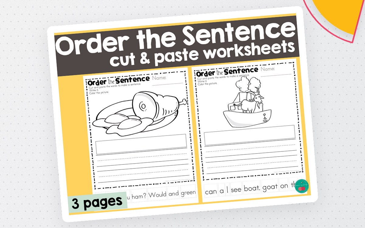 Green Eggs and Ham Order the Sentence worksheet with cut-apart word tiles and picture.