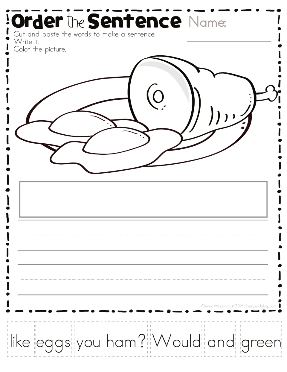 Order the sentence: students cut and paste 7 scrambled words to form a question about green eggs and ham, write it, color