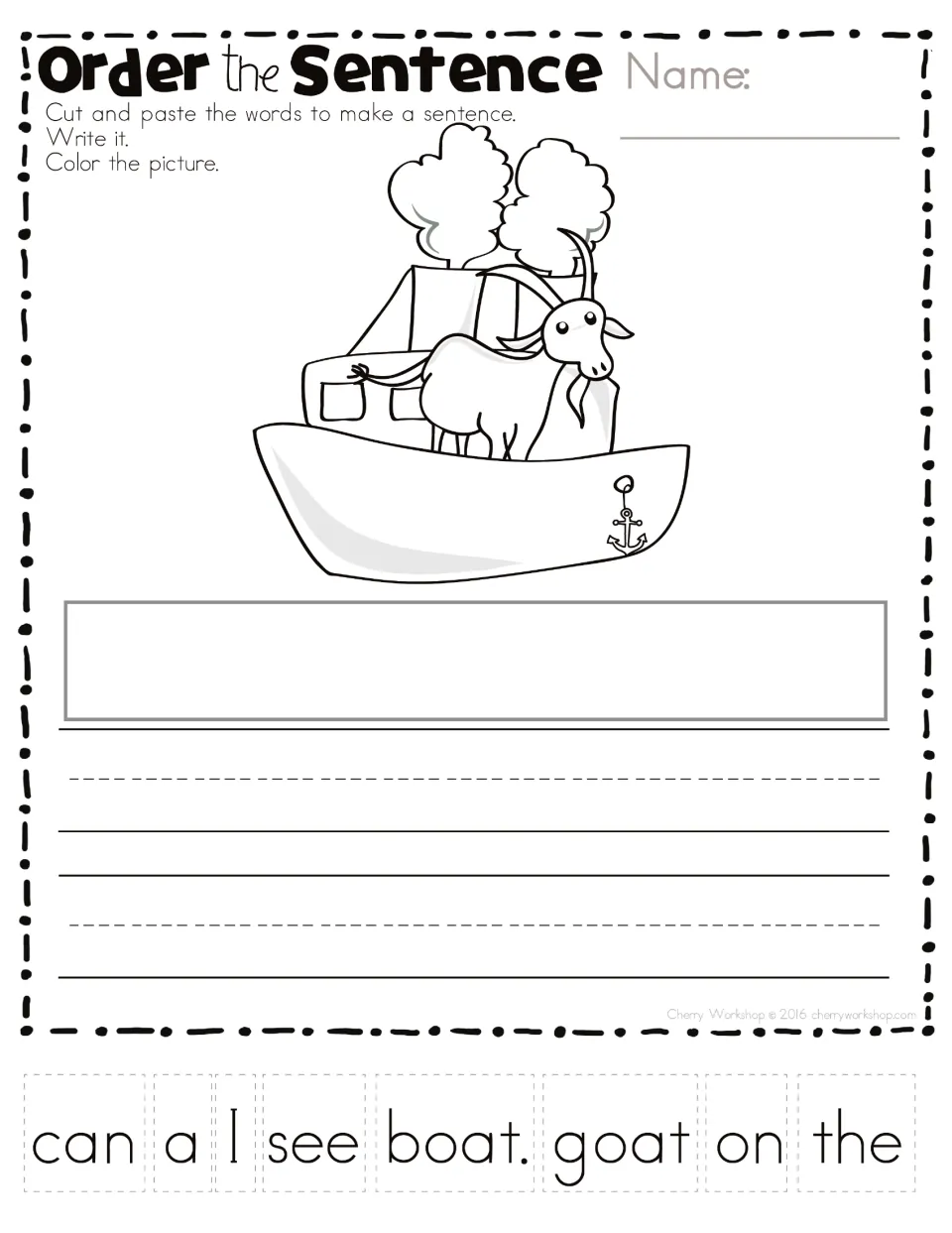 Order the sentence: students unscramble 8 word cards into a sentence about seeing a goat on a boat, then copy it and color