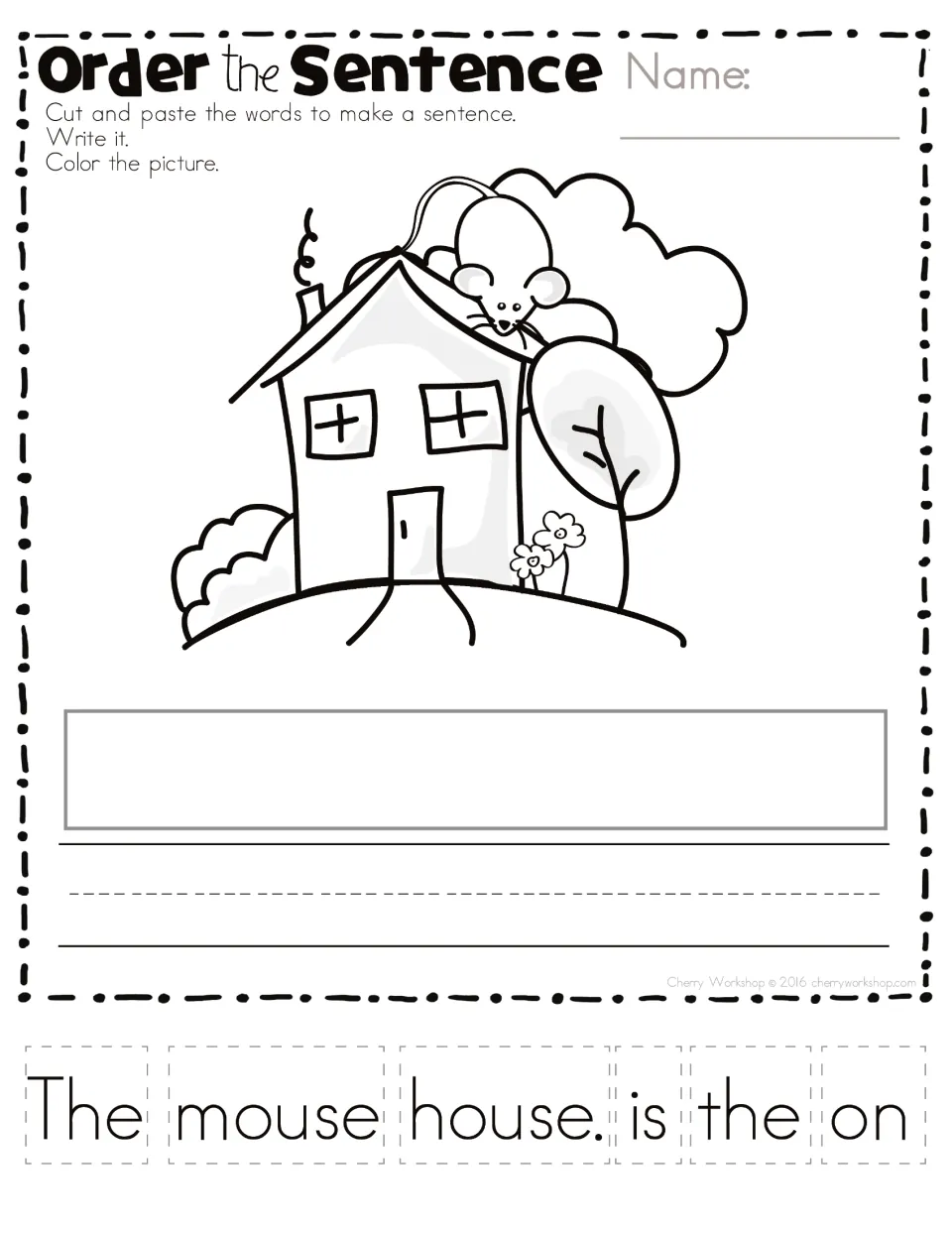 Order the sentence: students paste 6 scrambled words in order to say where the mouse is, then write the sentence and color