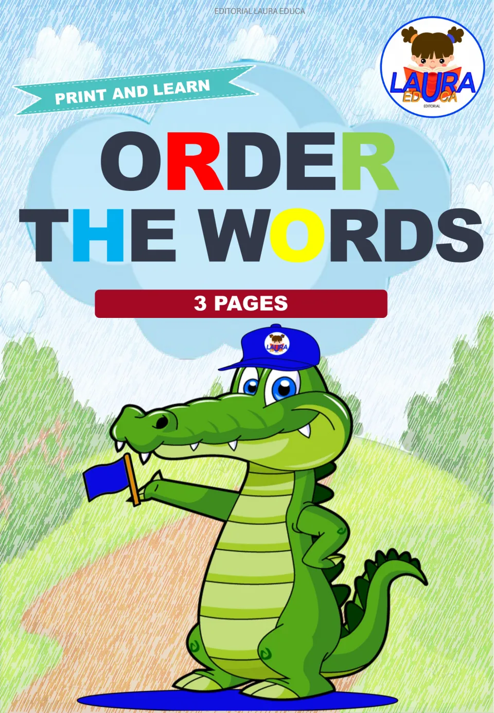 Cover of the Spanish word unscrambling resource, labeled 'Order the Words,' 'Print and Learn' and '3 Pages'.