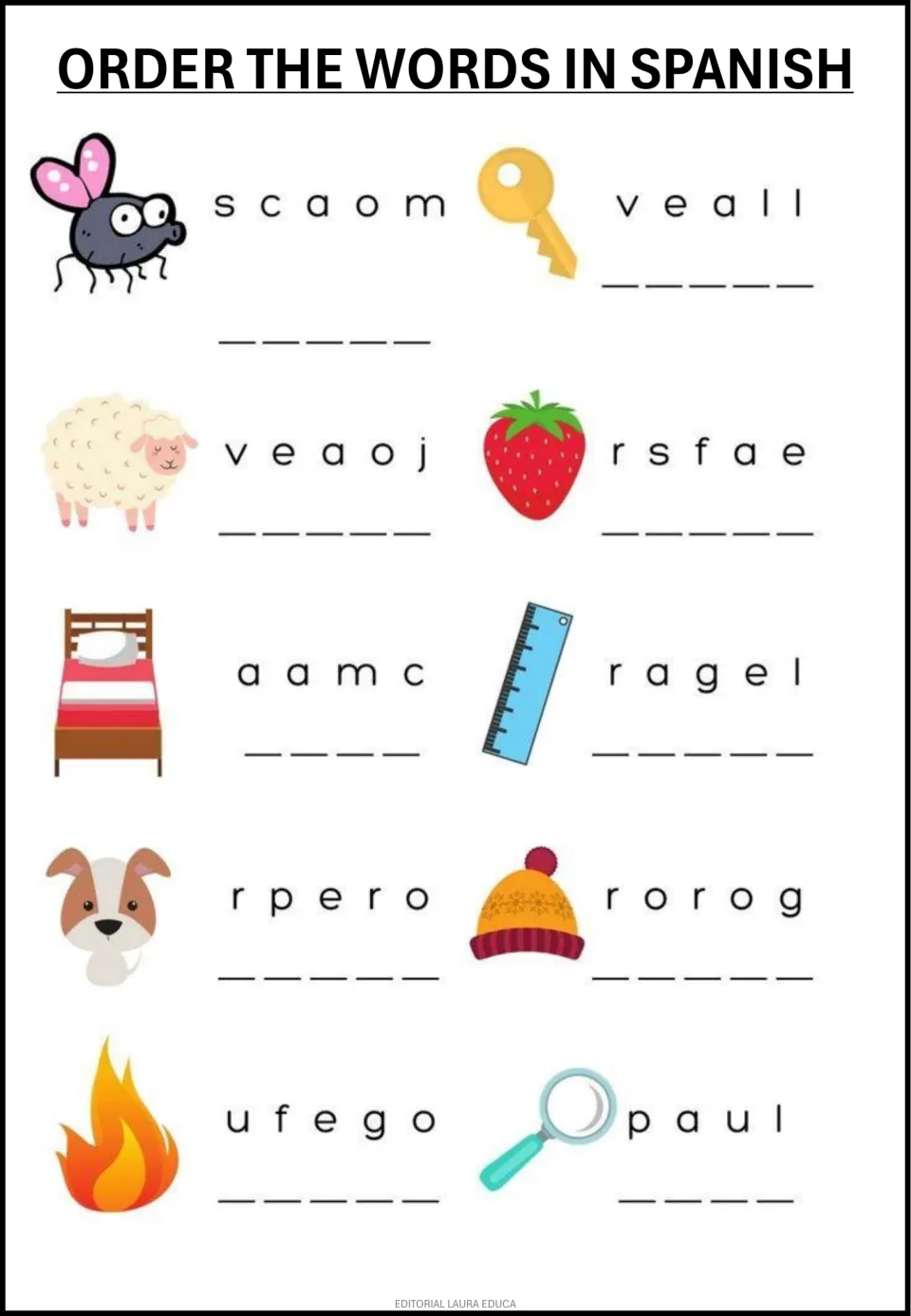 Spanish word unscrambling practice 1 of 3: mosca (fly), llave (key), oveja (sheep) and seven more.