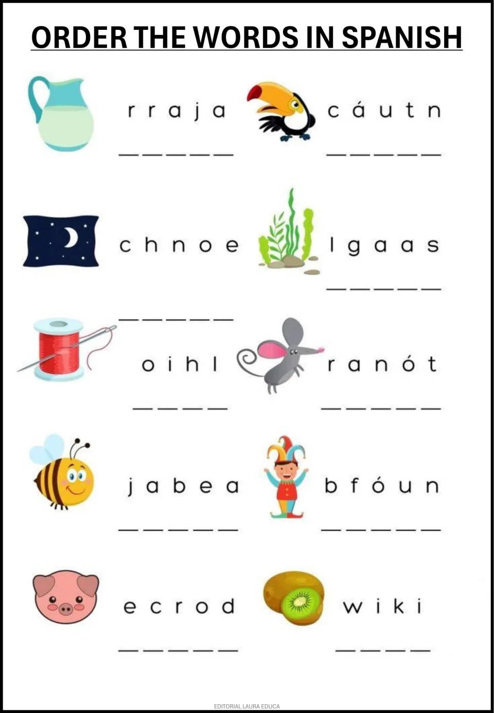 Spanish word unscrambling practice 2 of 3: jarra (pitcher), tucán (toucan), noche (night) and seven more.