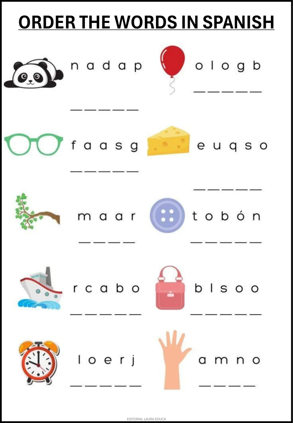 Spanish word unscrambling practice 3 of 3: panda (panda), globo (balloon), gafas (glasses) and seven more.
