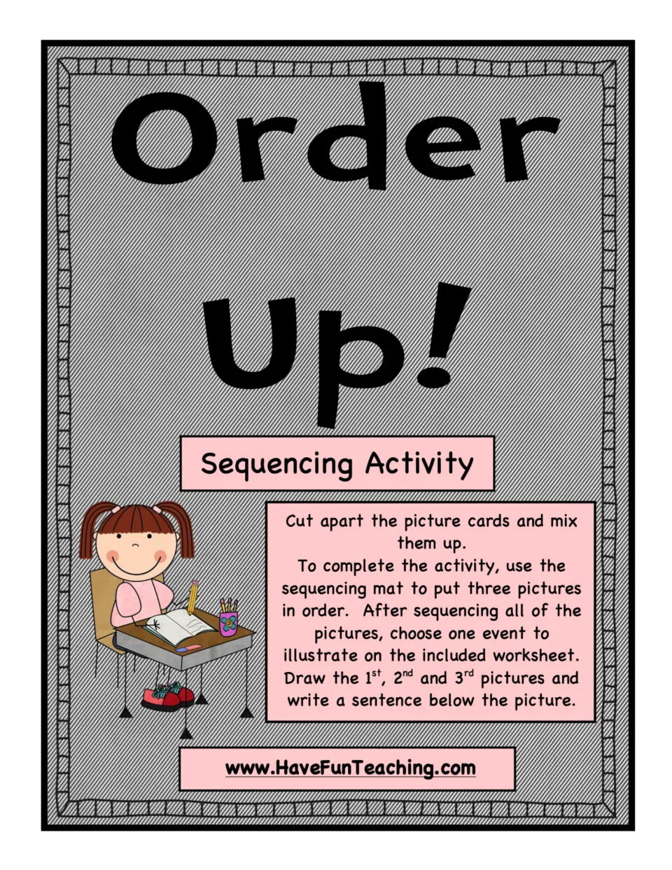 Order Up Sequencing Activity cover: directions to order three picture cards, then draw and write a sequence