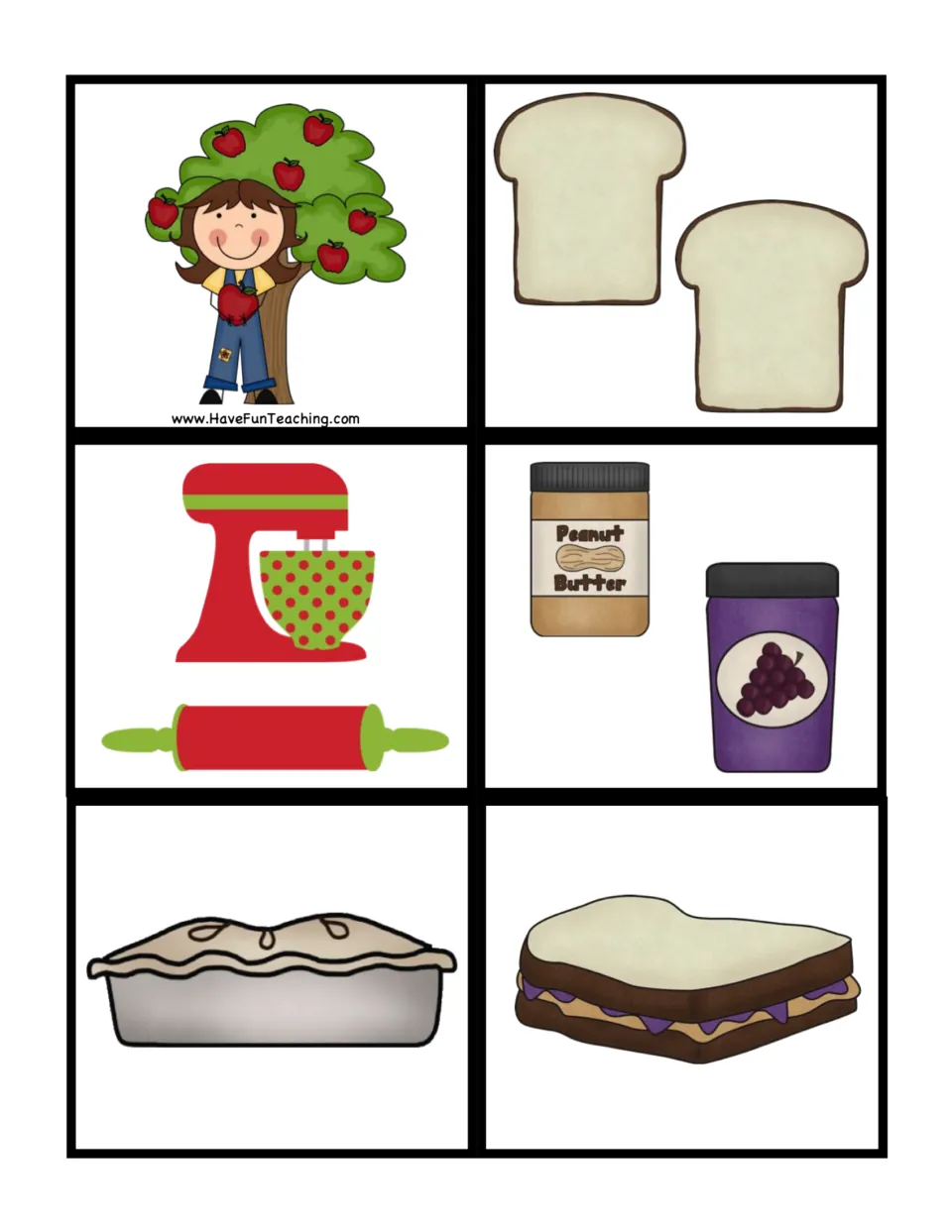 Six sequencing cards show apple picking, baking tools, pie, bread, peanut butter and jelly, and a sandwich