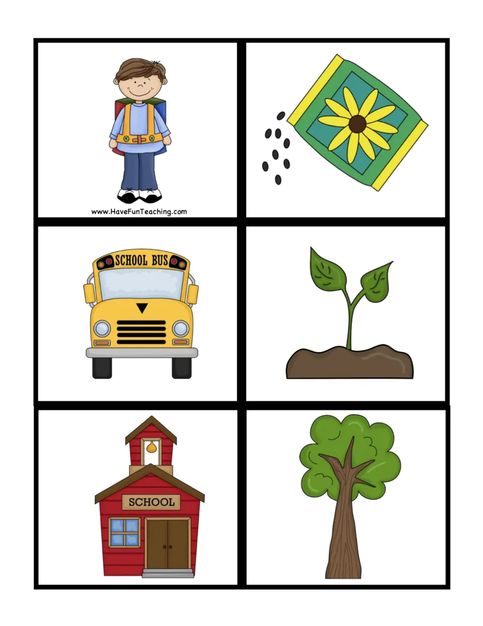 Six sequencing cards show a child with a backpack, school bus, school, seeds, sprout, and grown tree