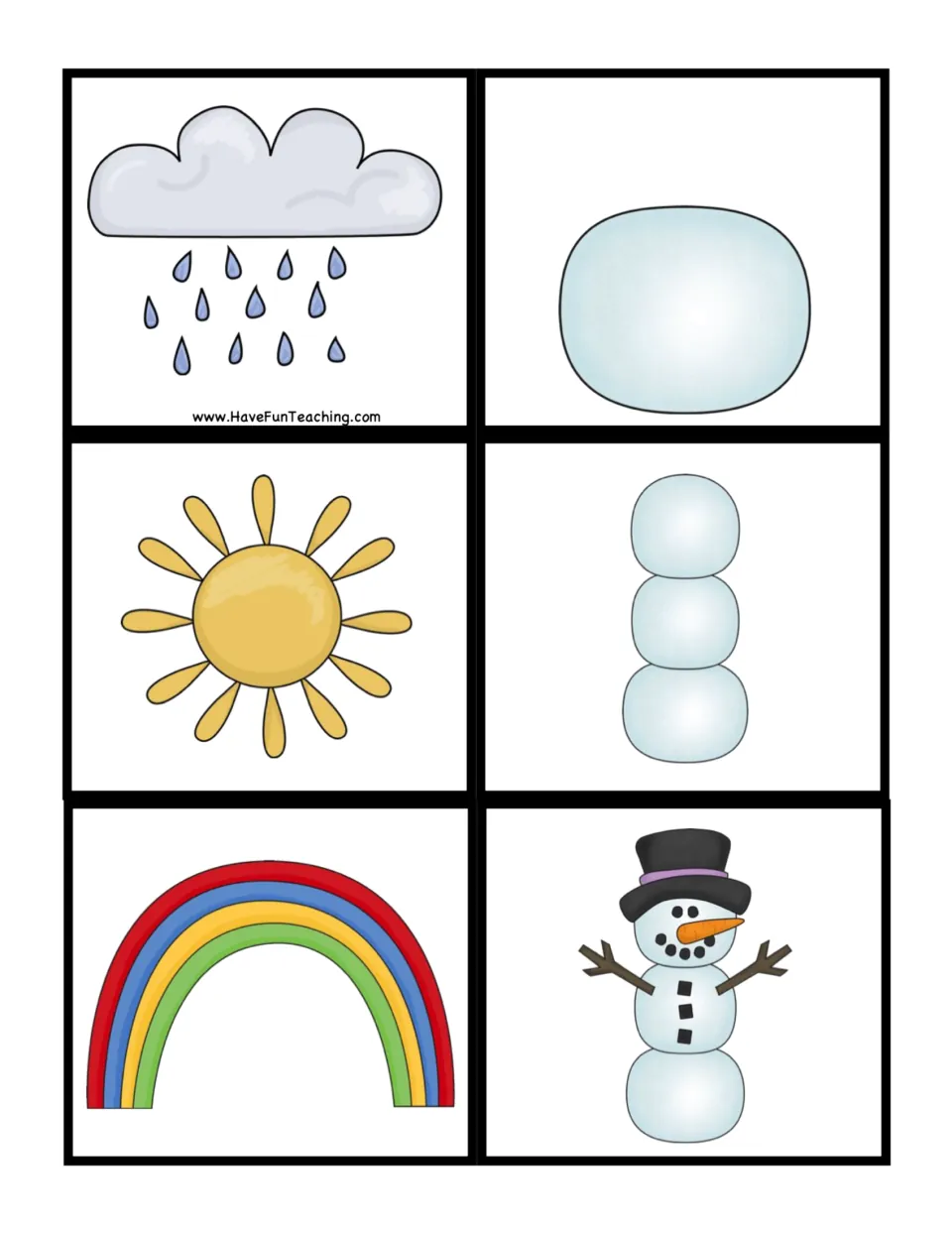 Six sequencing cards show rain, sun, rainbow, one snowball, three stacked snowballs, and a finished snowman