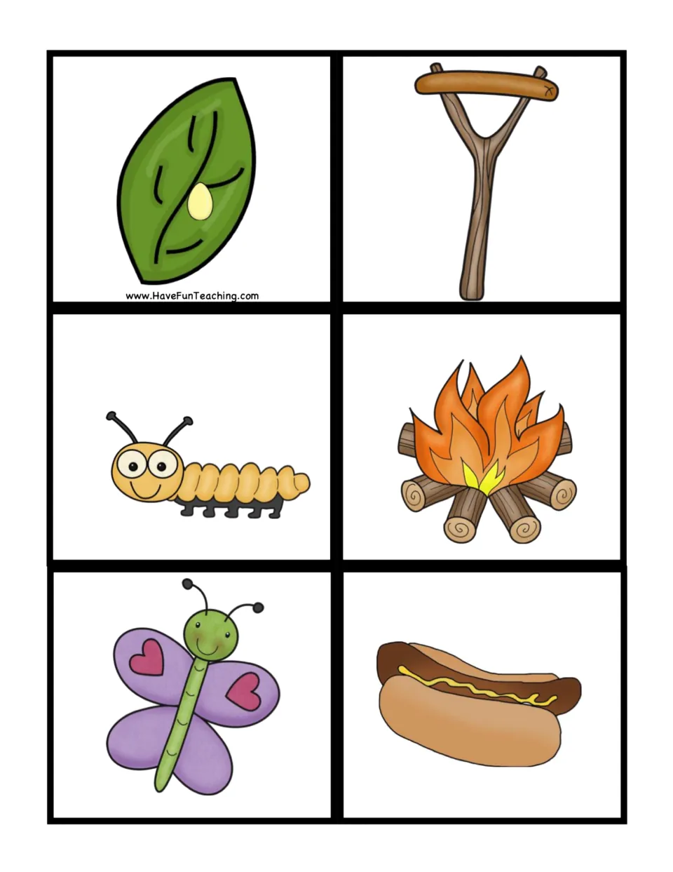 Six sequencing cards show an egg on a leaf, caterpillar, butterfly, sausage on a stick, fire, and hot dog