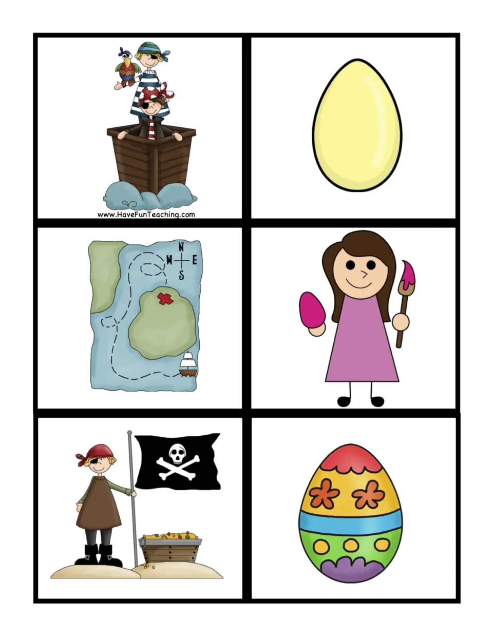 Six sequencing cards show pirates sailing, a treasure map, found treasure, a plain egg, painting, and a decorated egg