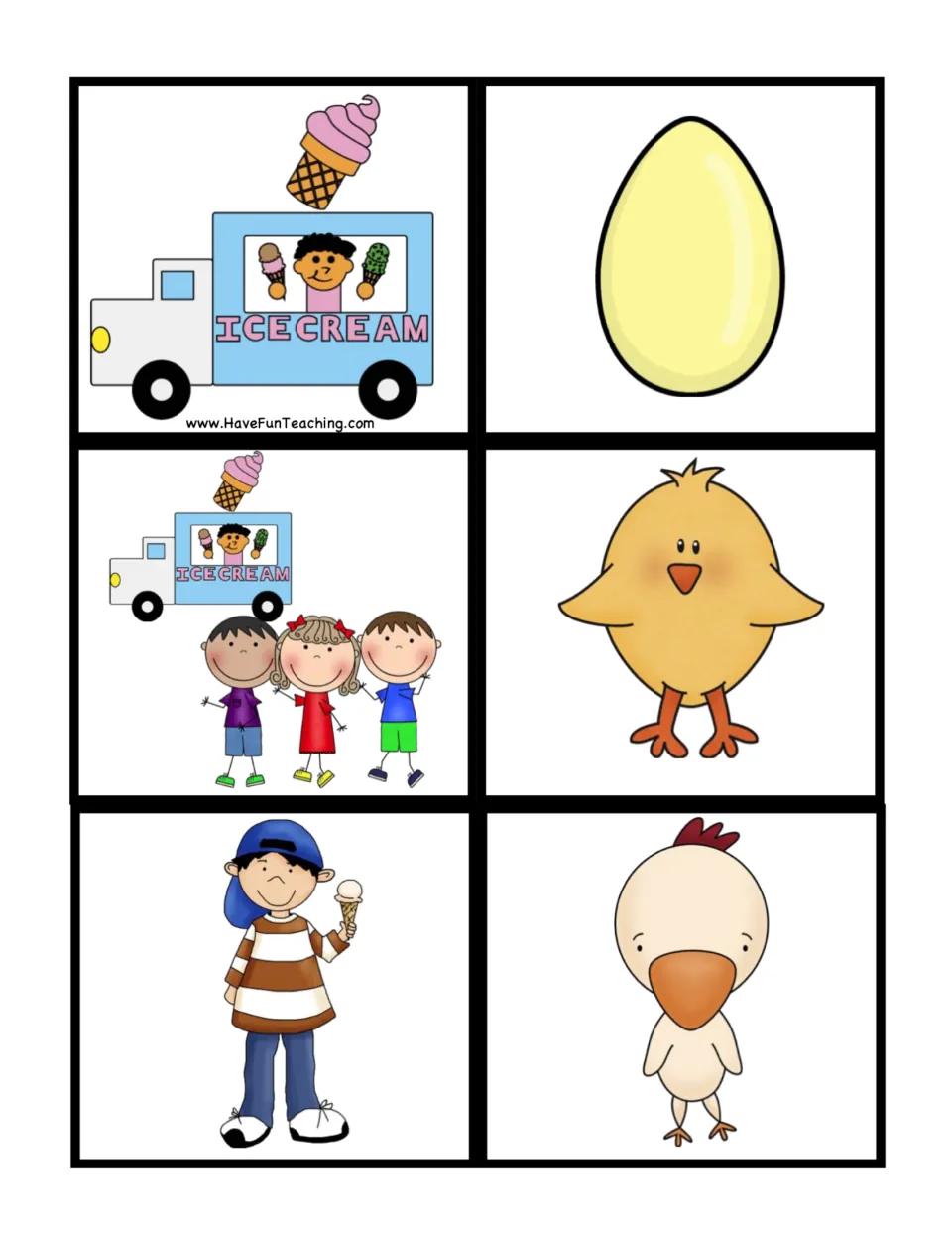 Six sequencing cards show an ice cream truck, children by the truck, a boy holding ice cream, egg, chick, and chicken
