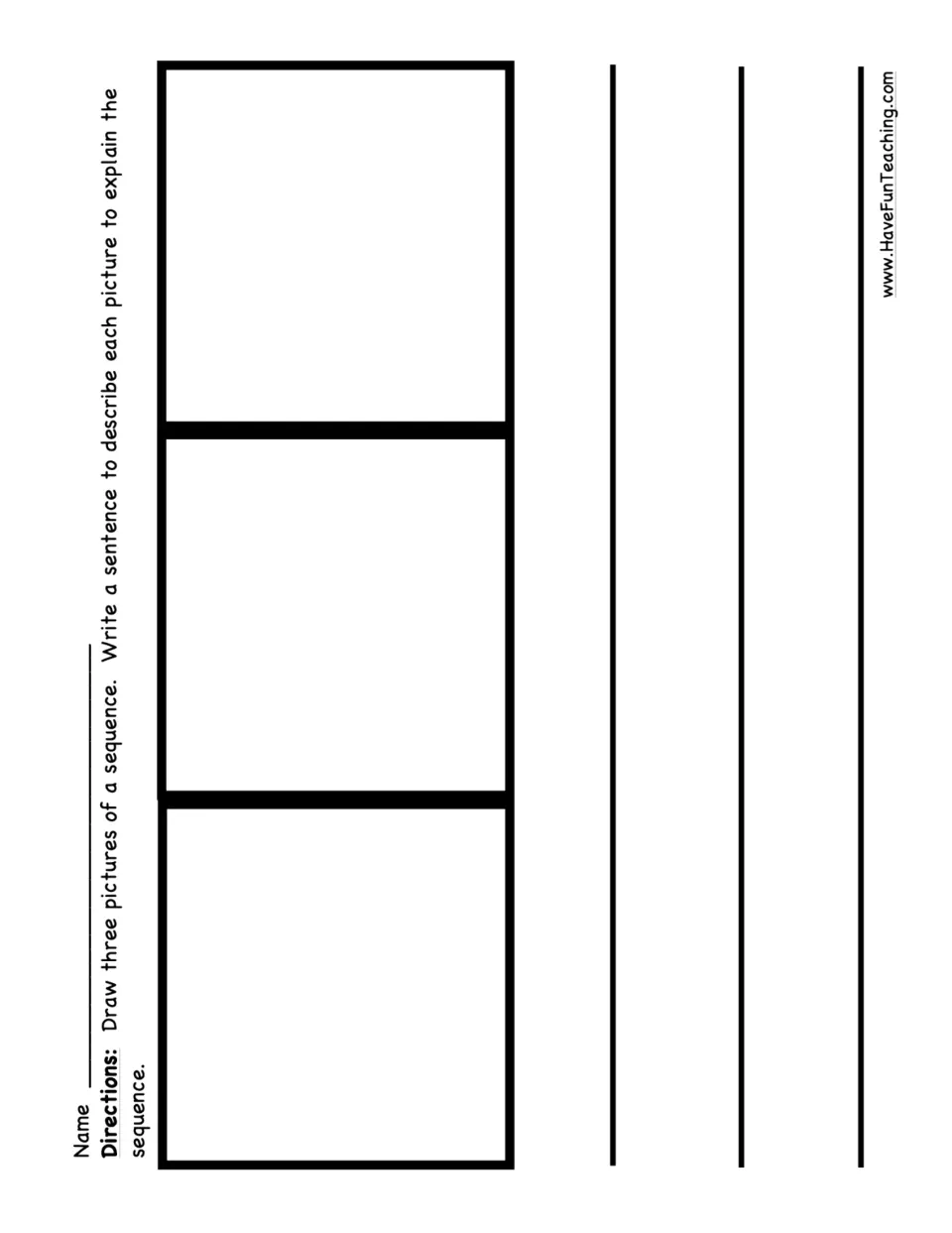 Sequencing worksheet asks students to draw three pictures in order and write a sentence describing each picture