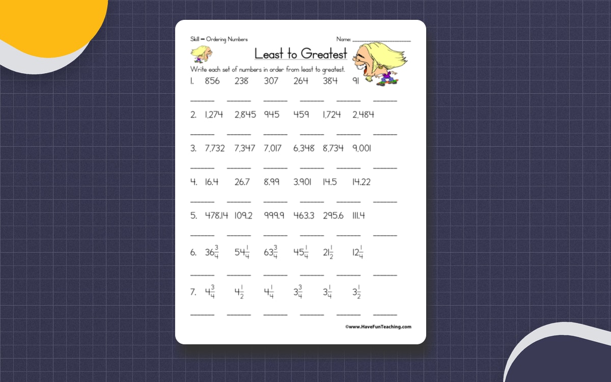 Ordering Fractions, Decimals, and Whole Numbers Worksheet preview