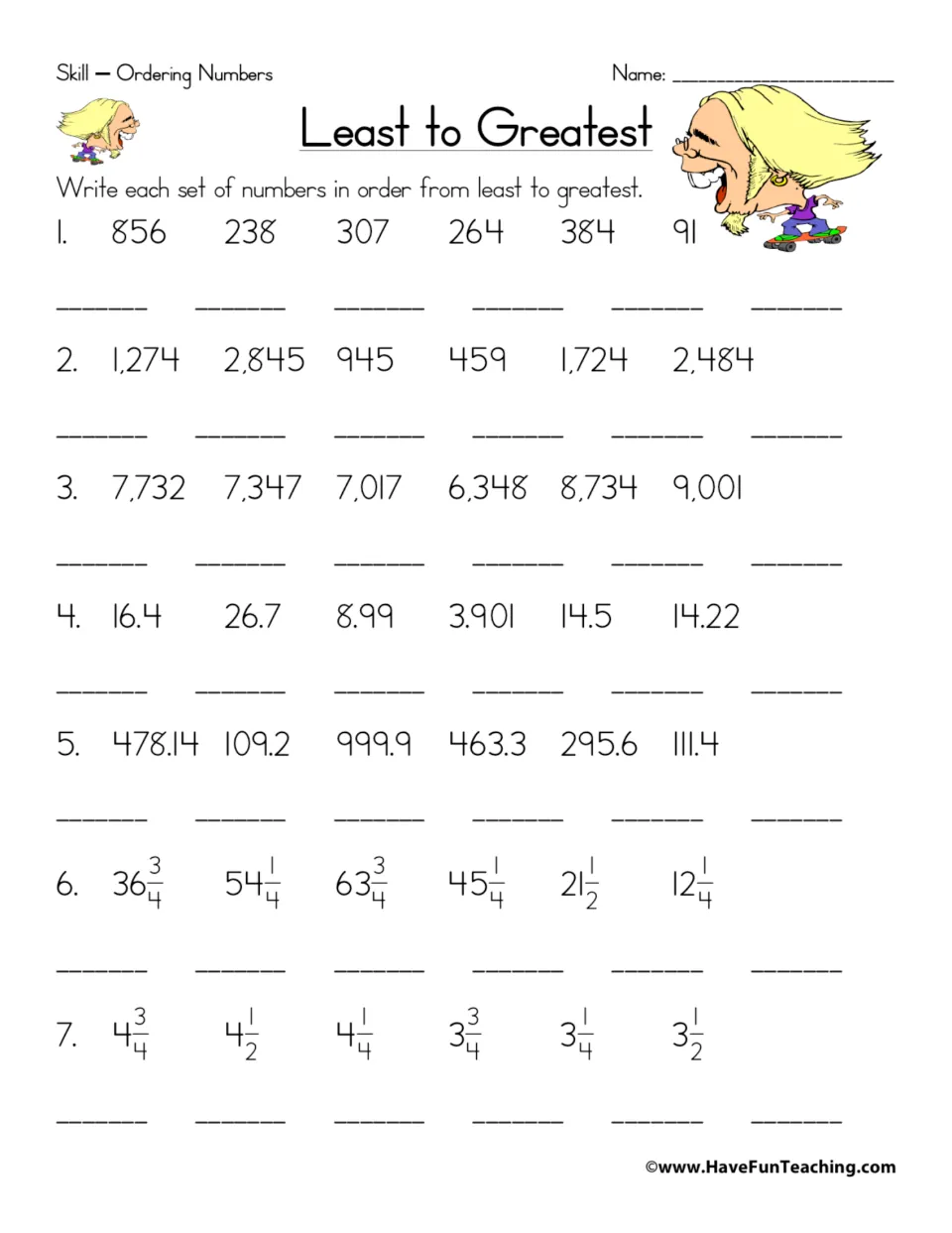 Least to Greatest: students order 7 sets of whole numbers, decimals and mixed numbers, writing each from least to greatest