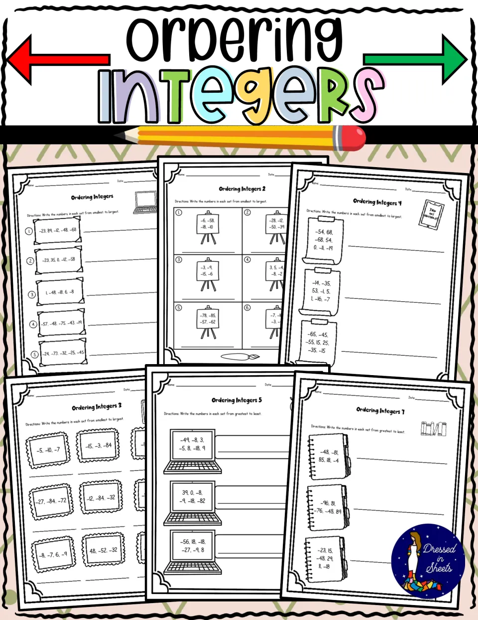 Ordering Integers cover previewing six worksheets in which students sequence sets of negative and positive numbers