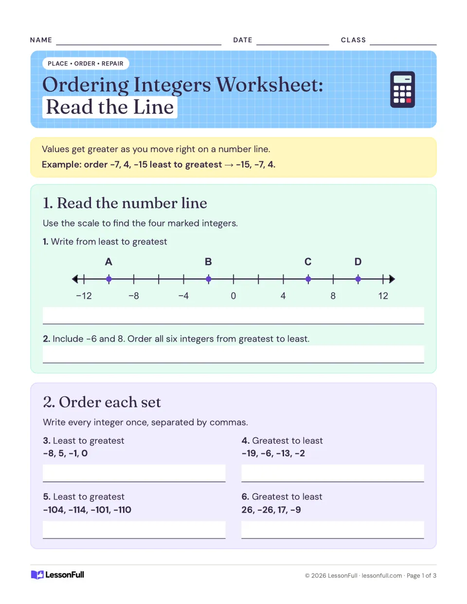 Integer practice, questions 1–6: read marked values on a number line and order four sets of integers.