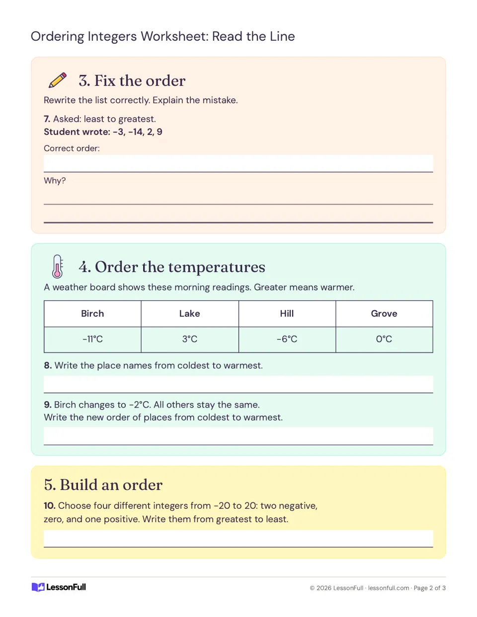 Integer practice, questions 7–10: fix an order, rank temperatures, and choose four integers from −20 to 20.
