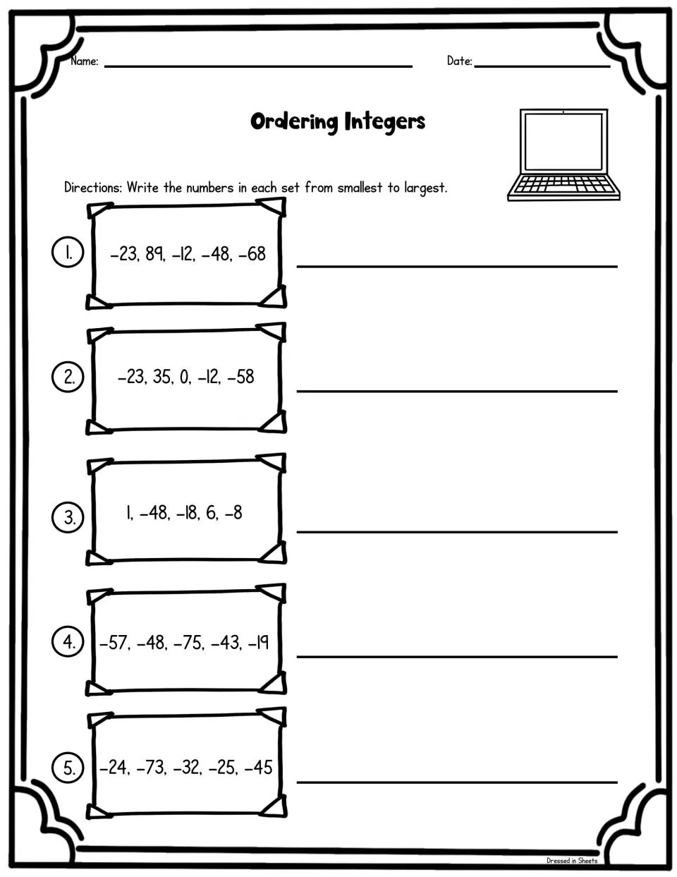 Integer sequencing, set 1: students write five sets such as -23, 89, -12, -48, -68 in order from smallest to largest
