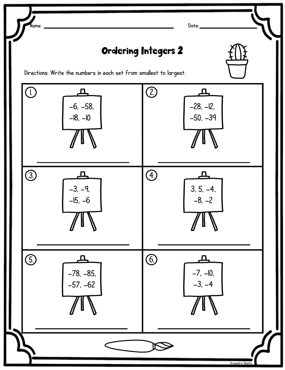 Set 2: students order six groups of four integers, mostly negatives such as -78, -85, -57, -62, from smallest to largest